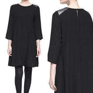 Eileen Fisher Black Silk Swing Cocktail Dress Sequin Shoulder Pockets L